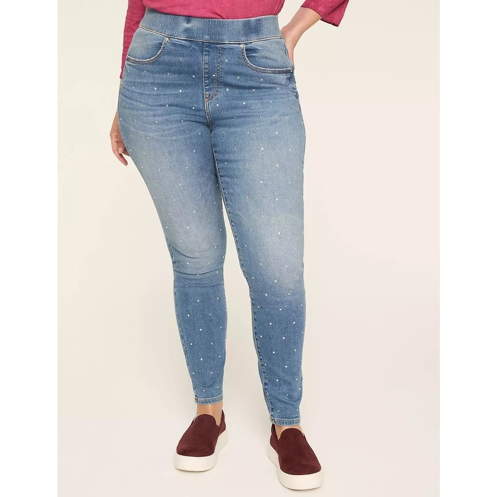Lane Bryant Womens Pull-On Straight Jeans Size 18 Pearl Embellished High-Rise